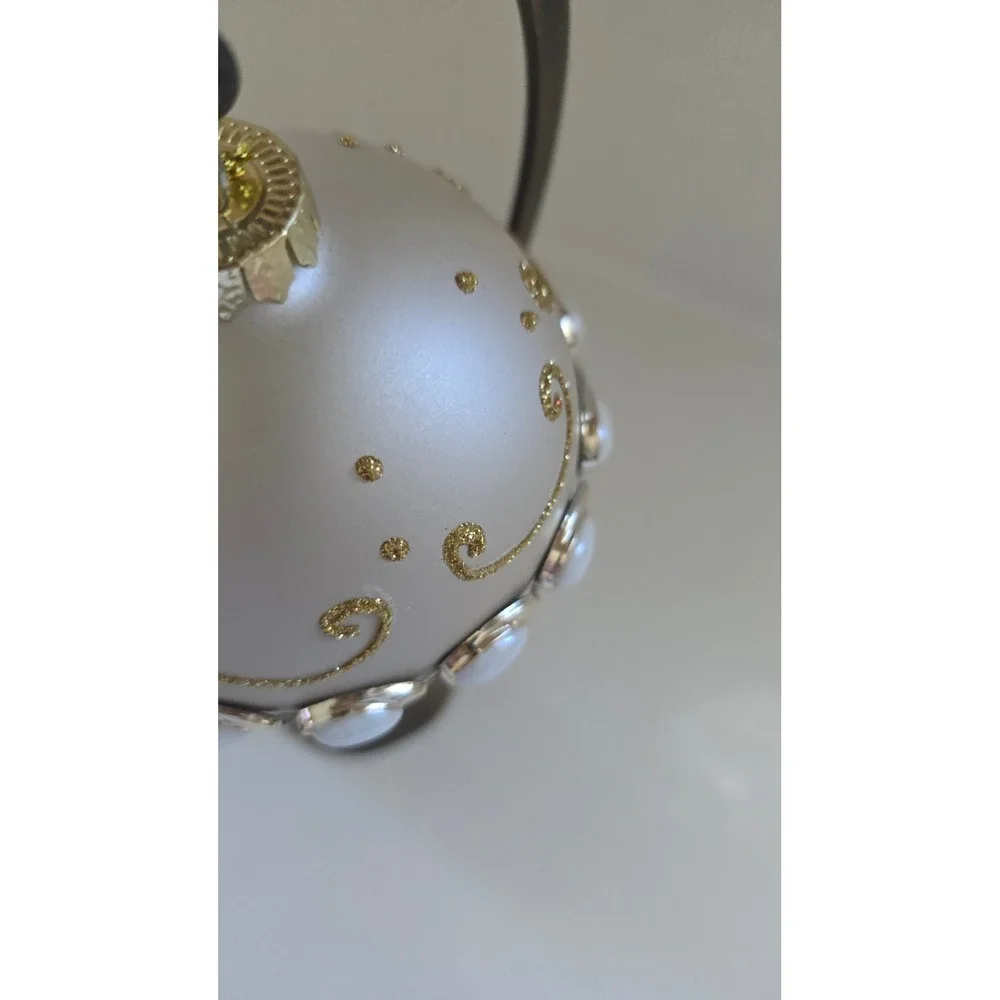 New Kurt Adler Cream Glass Ball Christmas Ornament Gold Faux Pearl Belt